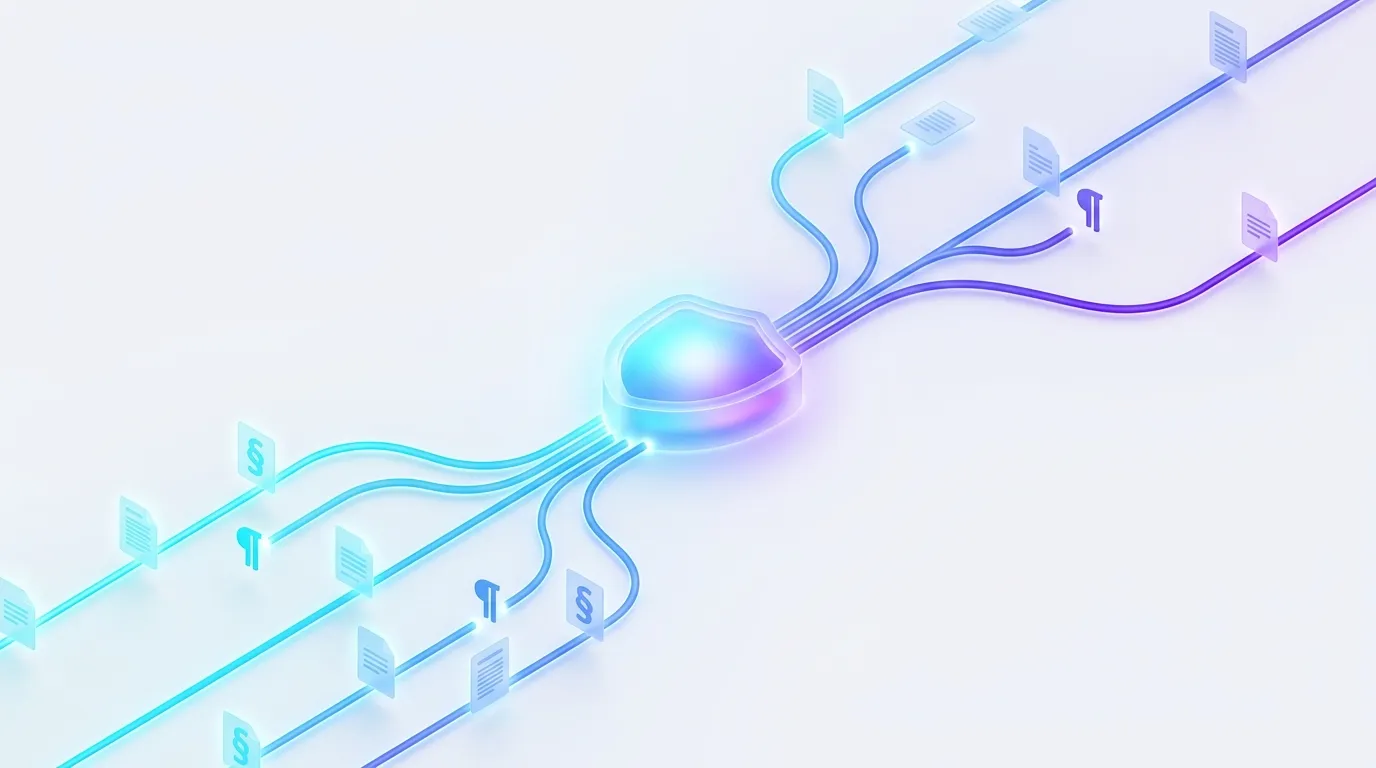 Abstract illustration of legal documents flowing into a secure model core on a light background