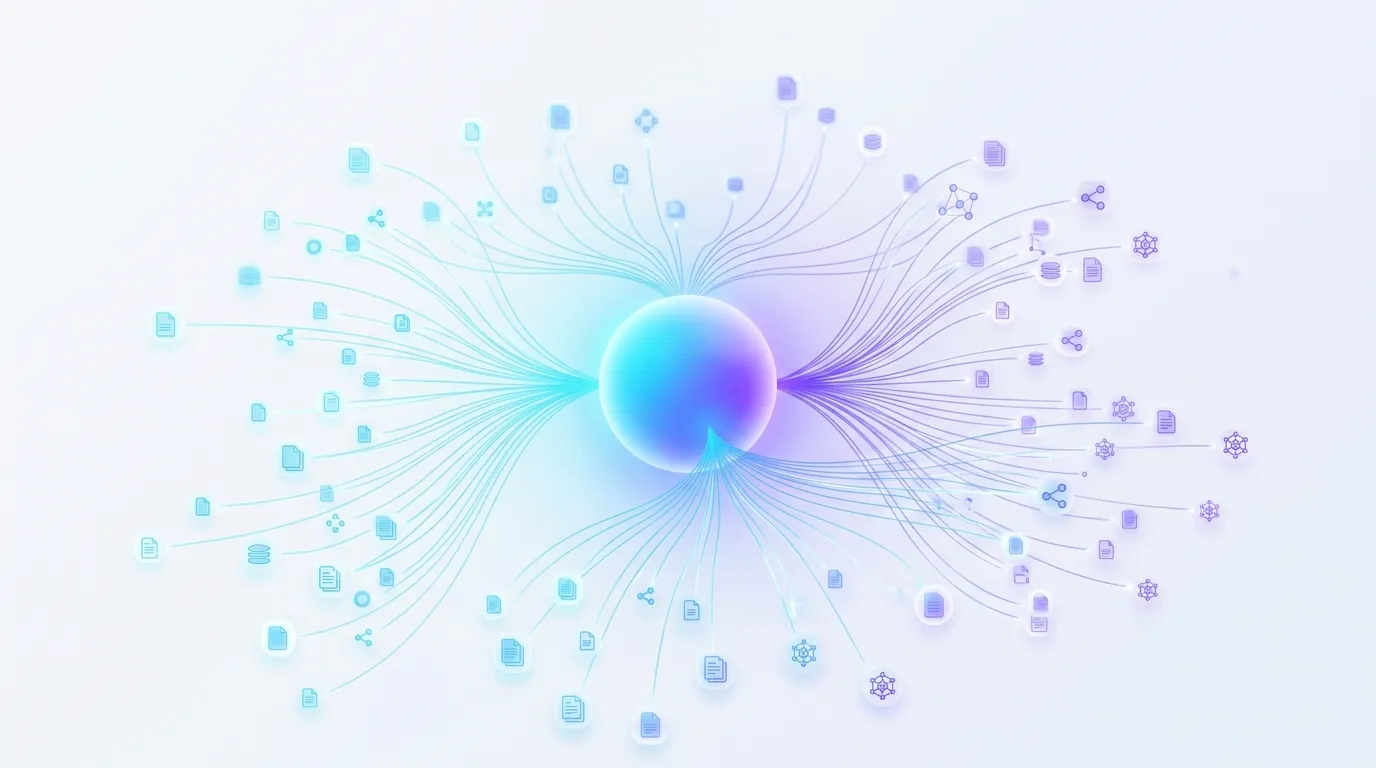 Abstract illustration of a language model connected to document nodes by glowing lines on a light background