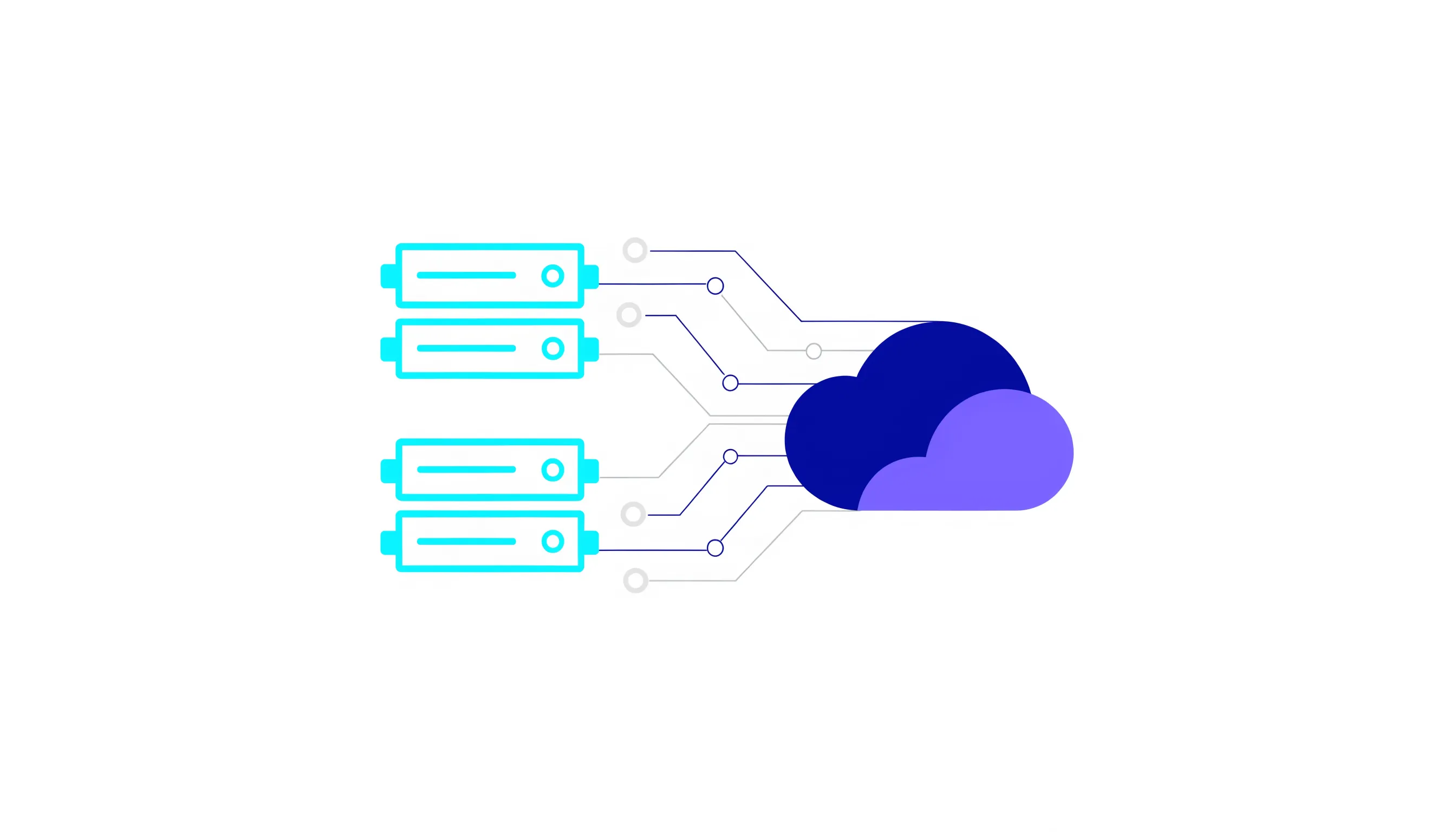 Ilustração abstrata de dados a fluir entre servidores e uma cloud sobre fundo claro